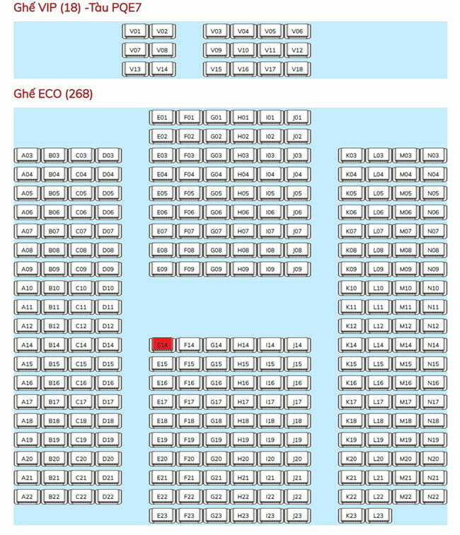 Sơ đồ tham khảo vị trí ghế ngồi các khu vực của tàu cao tốc Phú Quốc Express